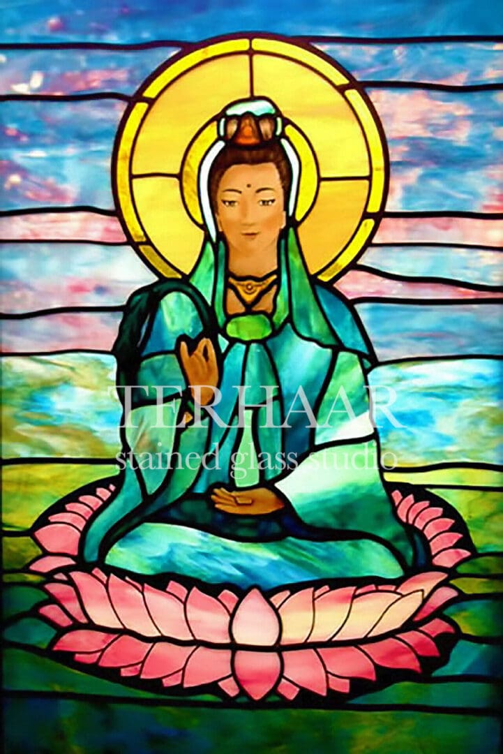 stained-glass-art_goddess-lakshmi-on-lotus-flower_mausoleum_stained-glass-window_house-of-worship_terhaarglass.com