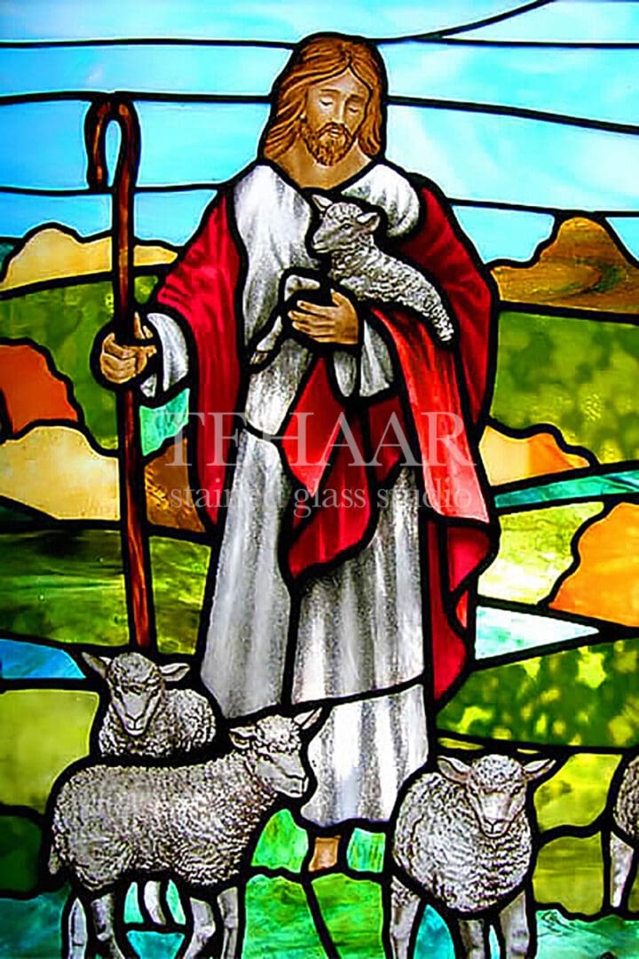 stained-glass-art_jesus-the-shepard-with-sheep_stained-glass-window_house-of-worship_terhaarglass.com