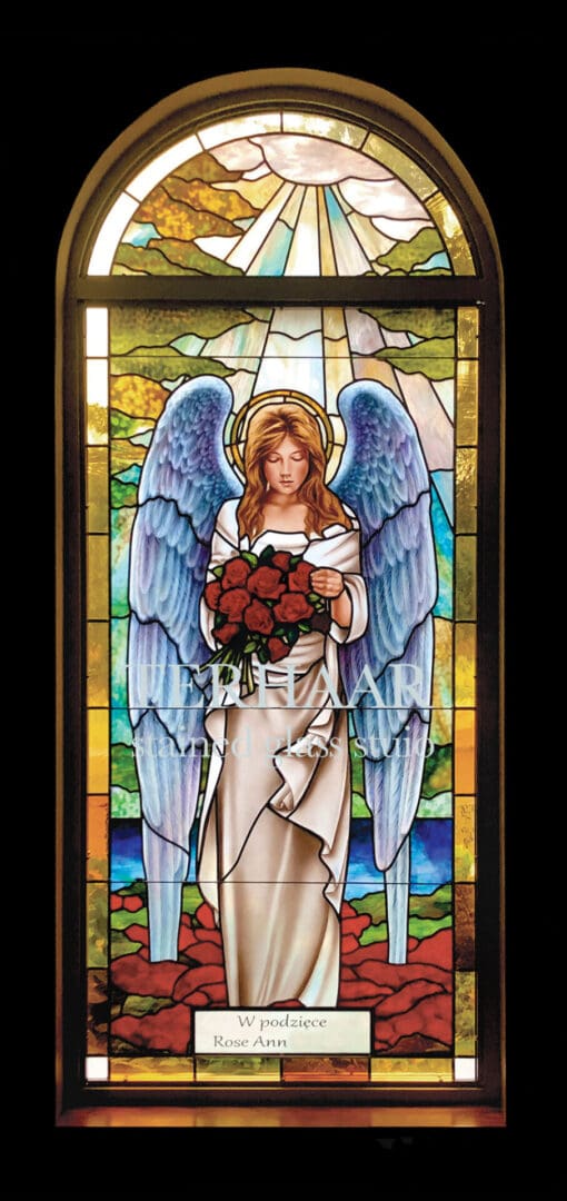 stained-glass-art_angel-with-roses_stained-glass-window_house-of-worship_terhaarglass.com