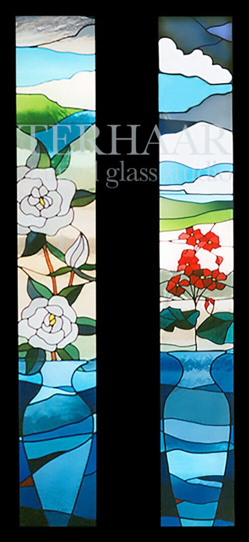 stained-glass-art_spring-flowers-in-vases_two-stained-glass-windows_commercial_terhaarglass.com