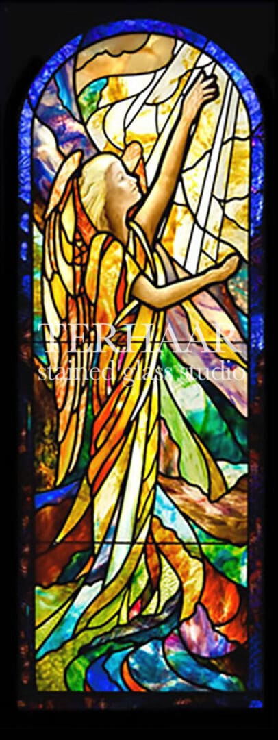 stained-glass-art_angel-reaching-towards-heaven_stained-glass-window_house-of-worship_terhaarglass.com