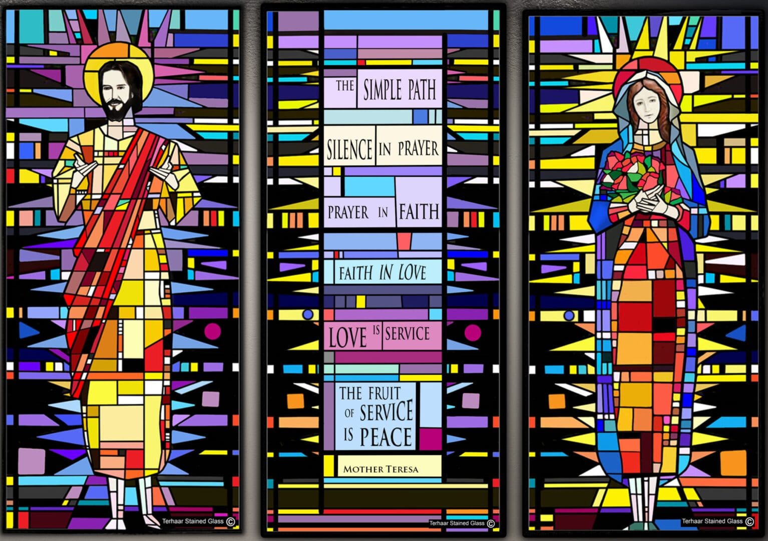 Three stained glass windows Jesus Mother Teresa and Mary