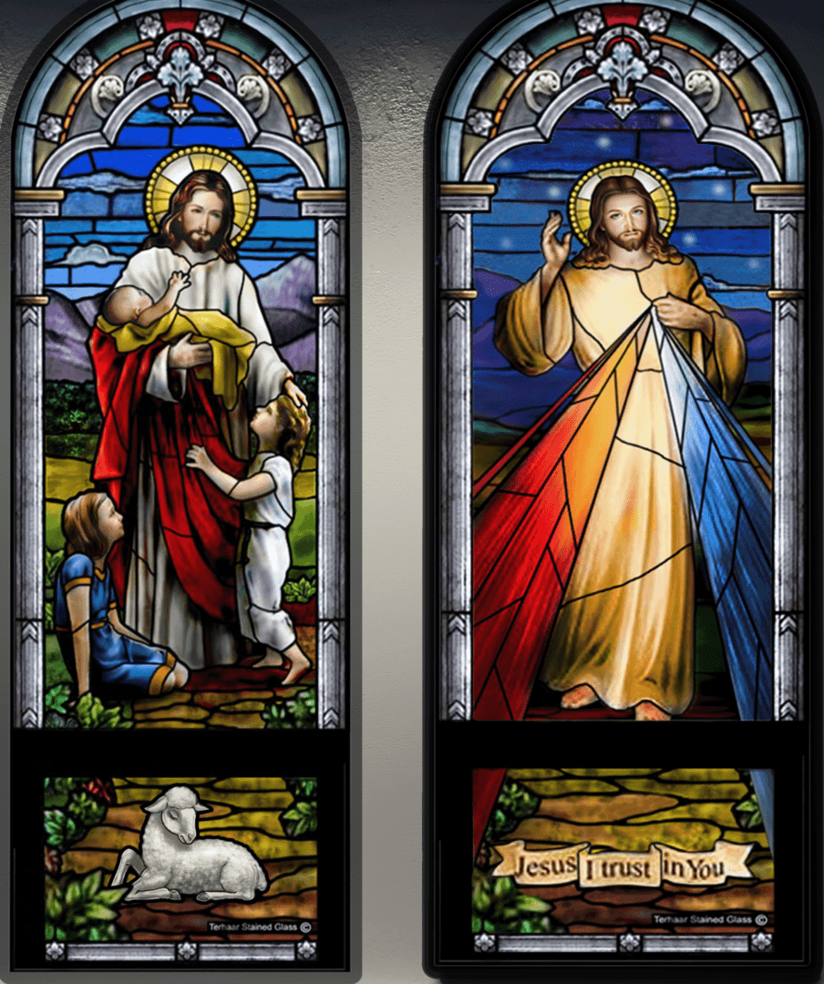 Two windows with Jesus lamb of god art work