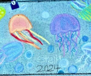 Two jellyfish drawn in chalk on pavement.