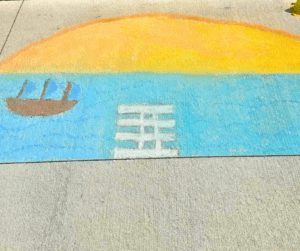 Chalk drawing of a sunset, boat, and lighthouse.